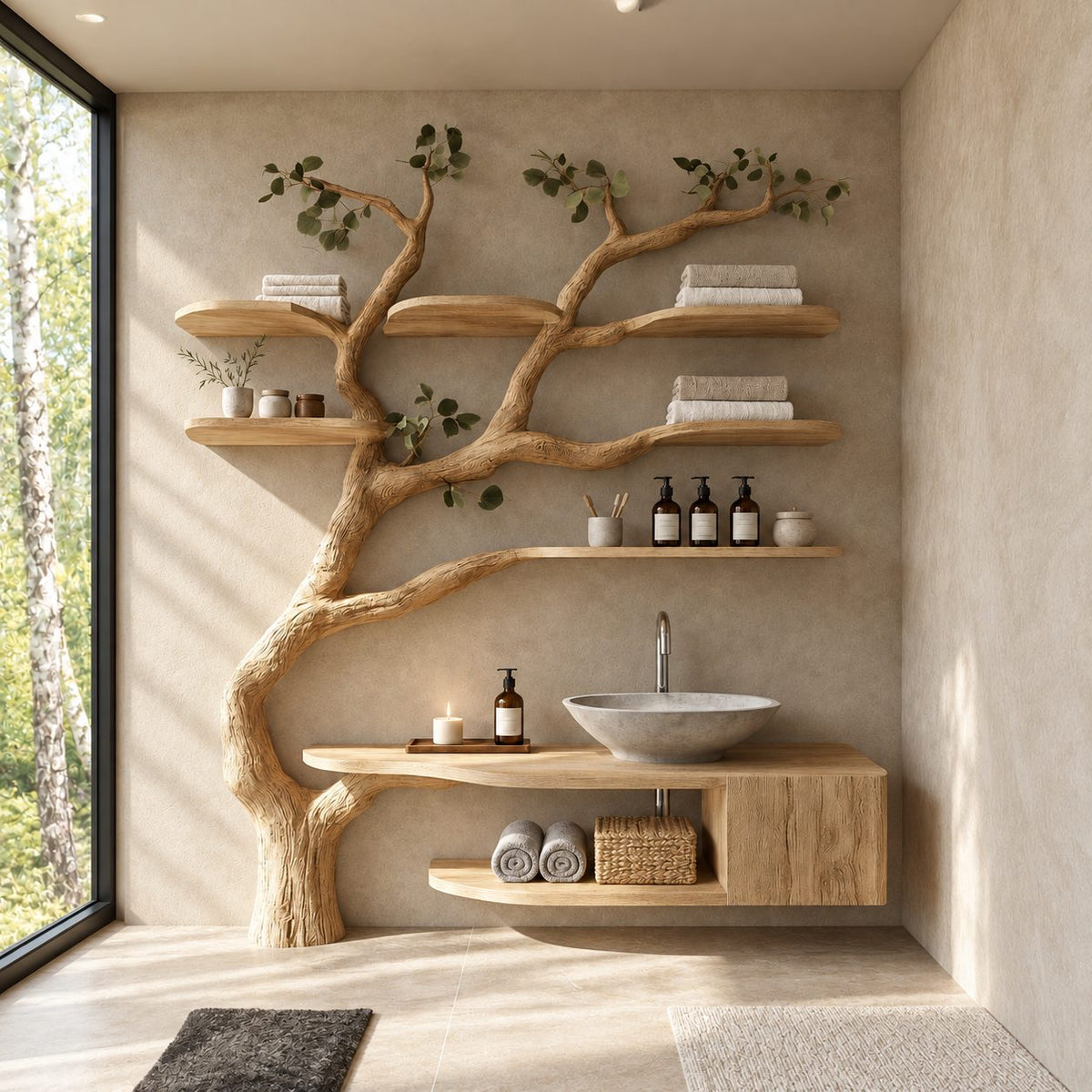 Floor Rooted Tree Bathroom Vanity 60 Inch, Floating Cabinet and Open Cubby with Six Rounded Branch Shelves