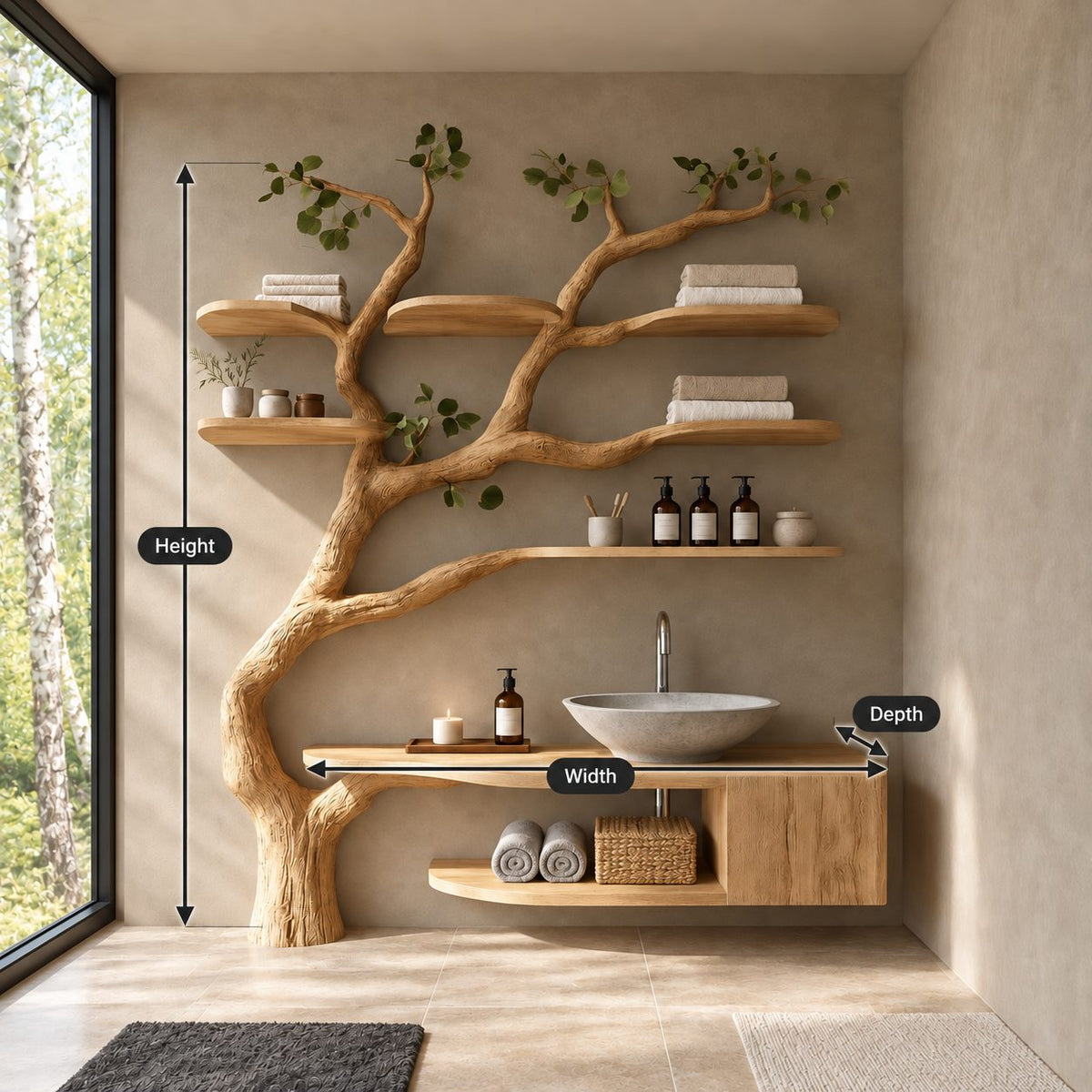 Floor Rooted Tree Bathroom Vanity 60 Inch, Floating Cabinet and Open Cubby with Six Rounded Branch Shelves