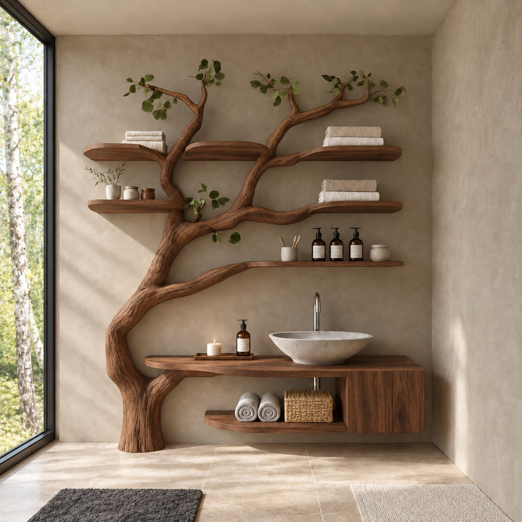 Floor Rooted Tree Bathroom Vanity 60 Inch, Floating Cabinet and Open Cubby with Six Rounded Branch Shelves