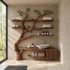 Floor Rooted Tree Bathroom Vanity 60 Inch, Floating Cabinet and Open Cubby with Six Rounded Branch Shelves