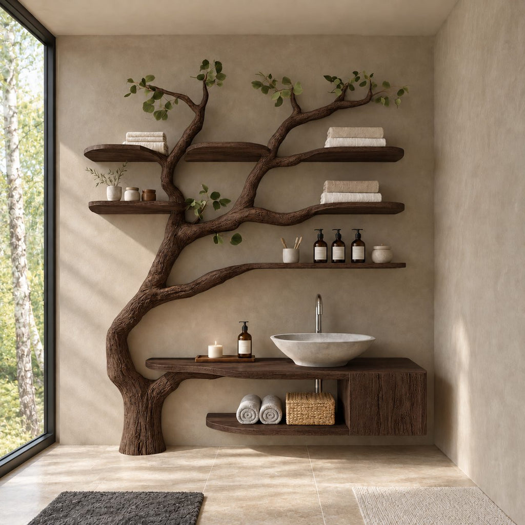 Floor Rooted Tree Bathroom Vanity 60 Inch, Floating Cabinet and Open Cubby with Six Rounded Branch Shelves