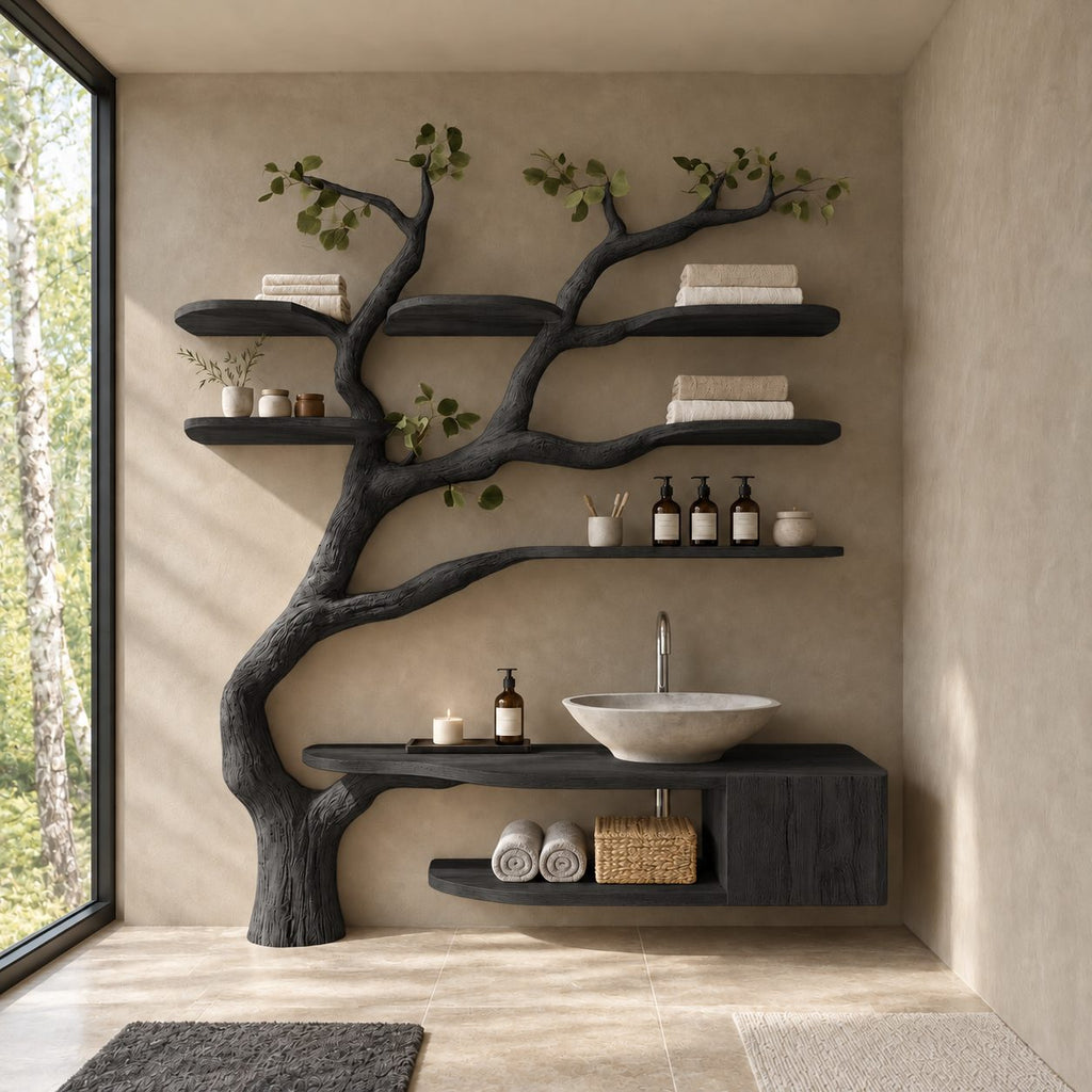 Floor Rooted Tree Bathroom Vanity 60 Inch, Floating Cabinet and Open Cubby with Six Rounded Branch Shelves