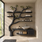 Floor Rooted Tree Bathroom Vanity 60 Inch, Floating Cabinet and Open Cubby with Six Rounded Branch Shelves