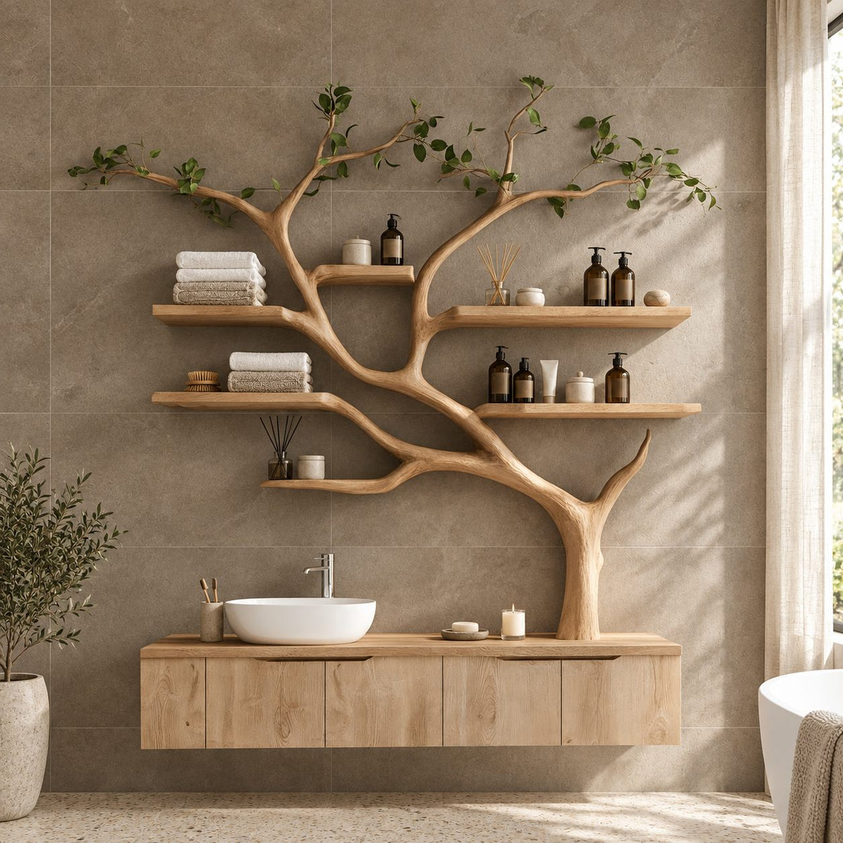 Wall Tree Bathroom Vanity 36-60 Inch, Long Floating Drawer Cabinet Under a Curving Trunk with Seven Shelves