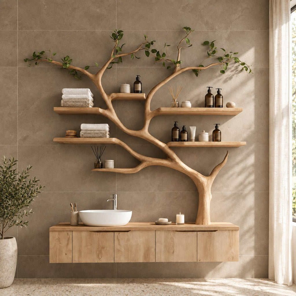 Wall Tree Bathroom Vanity 36-60 Inch, Long Floating Drawer Cabinet Under a Curving Trunk with Seven Shelves