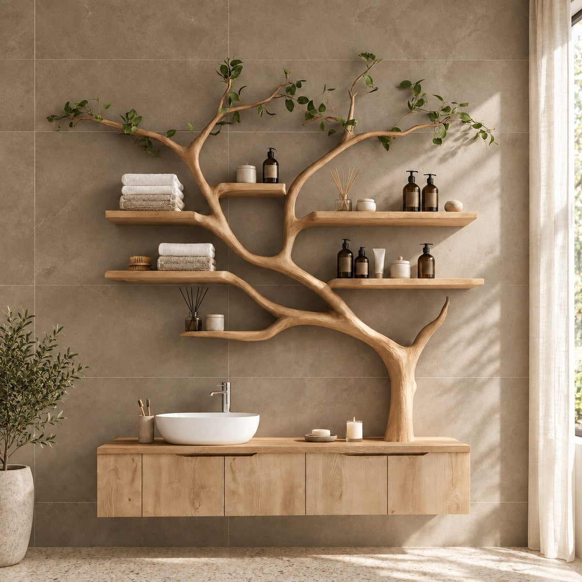 Wall Tree Bathroom Vanity 36-60 Inch, Long Floating Drawer Cabinet Under a Curving Trunk with Seven Shelves
