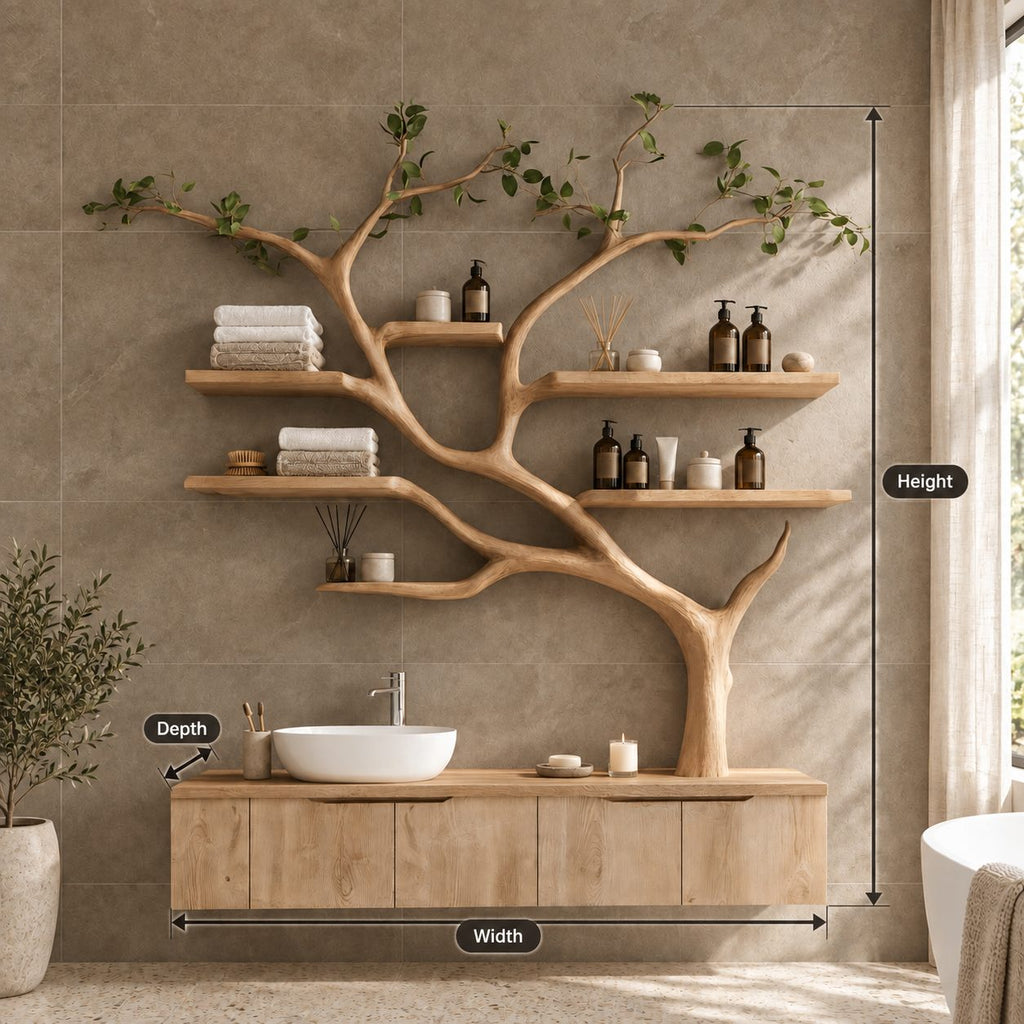 Wall Tree Bathroom Vanity 36-60 Inch, Long Floating Drawer Cabinet Under a Curving Trunk with Seven Shelves