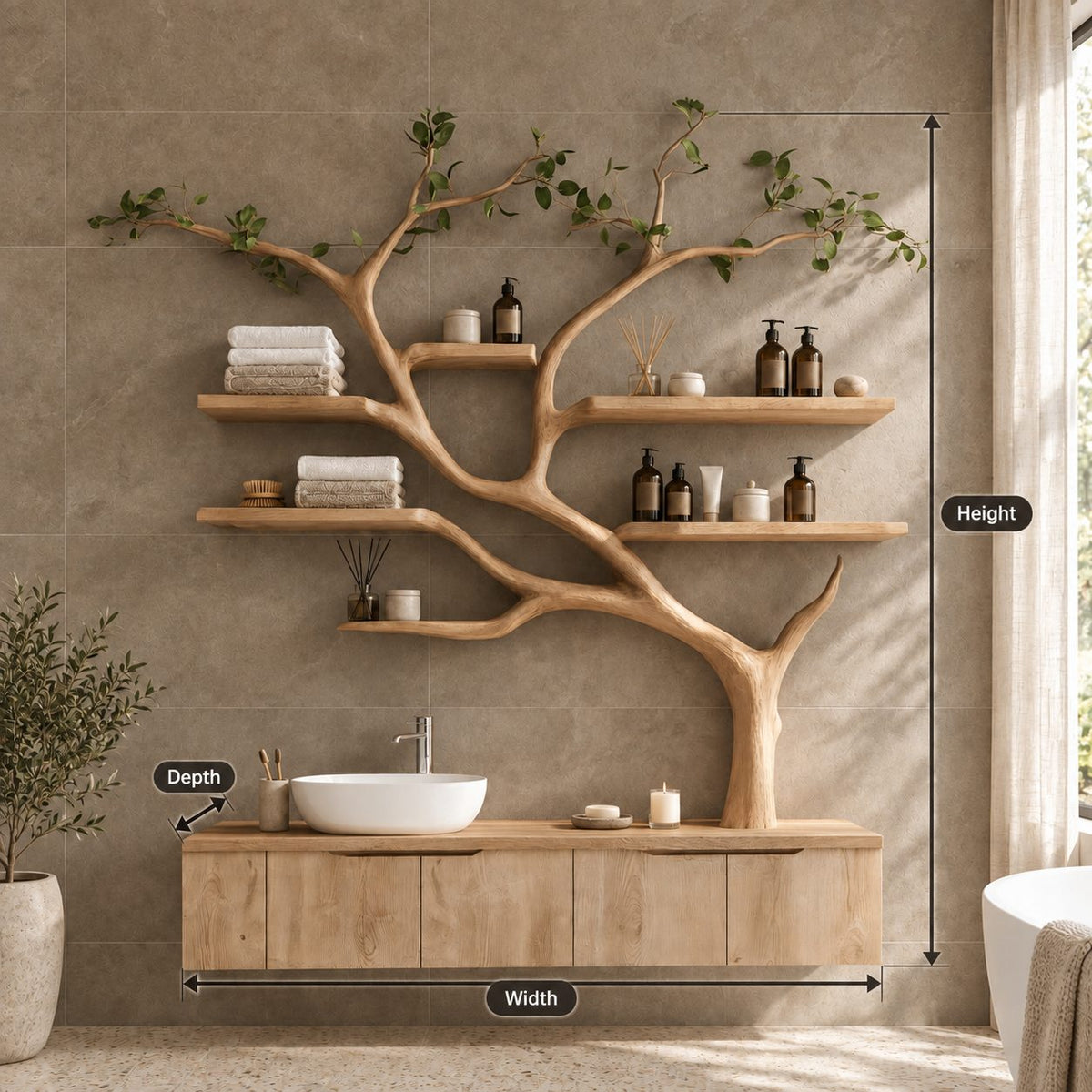 Wall Tree Bathroom Vanity 36-60 Inch, Long Floating Drawer Cabinet Under a Curving Trunk with Seven Shelves