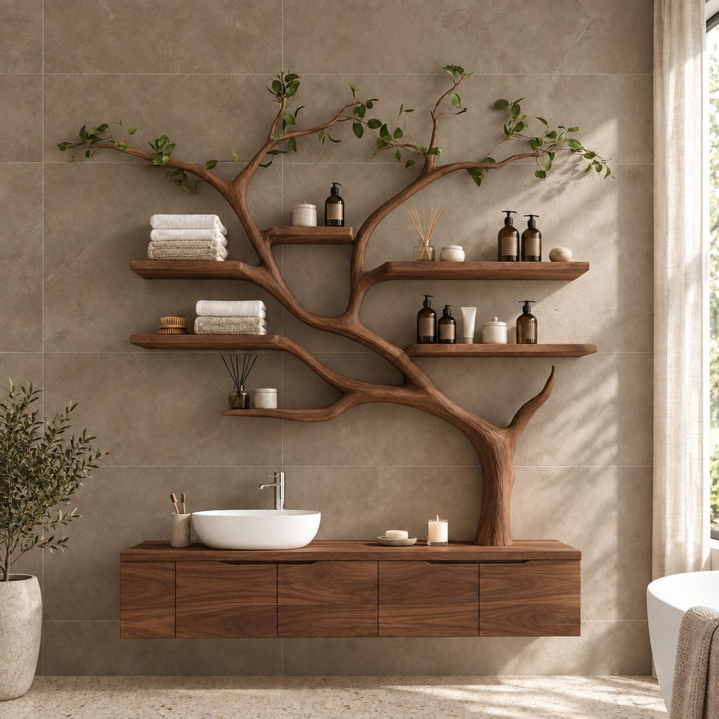 Wall Tree Bathroom Vanity 36-60 Inch, Long Floating Drawer Cabinet Under a Curving Trunk with Seven Shelves