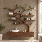 Wall Tree Bathroom Vanity 36-60 Inch, Long Floating Drawer Cabinet Under a Curving Trunk with Seven Shelves