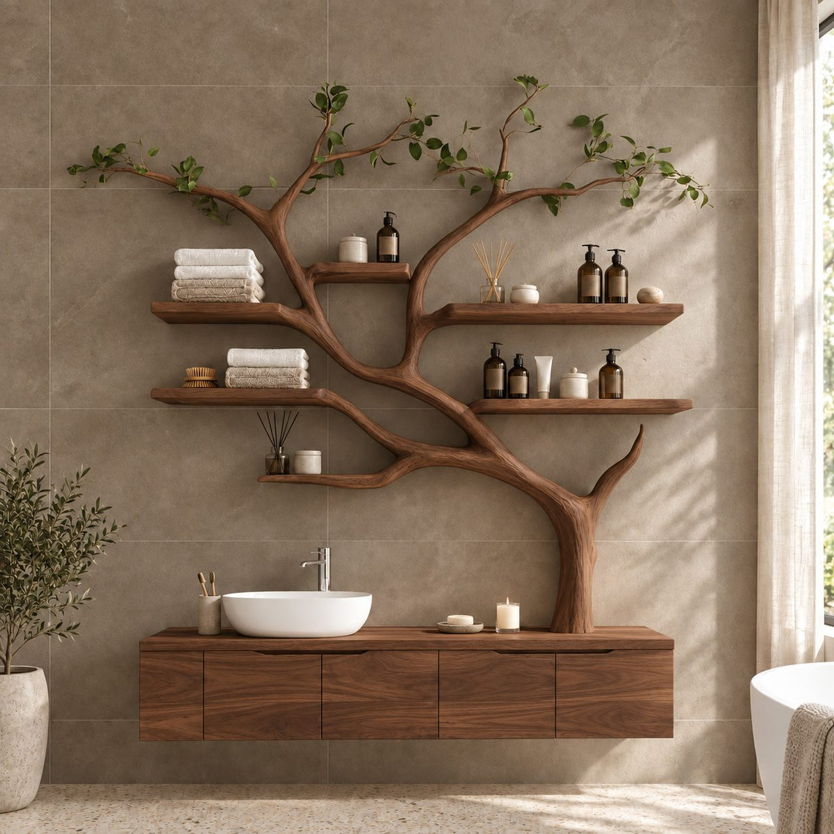 Wall Tree Bathroom Vanity 36-60 Inch, Long Floating Drawer Cabinet Under a Curving Trunk with Seven Shelves