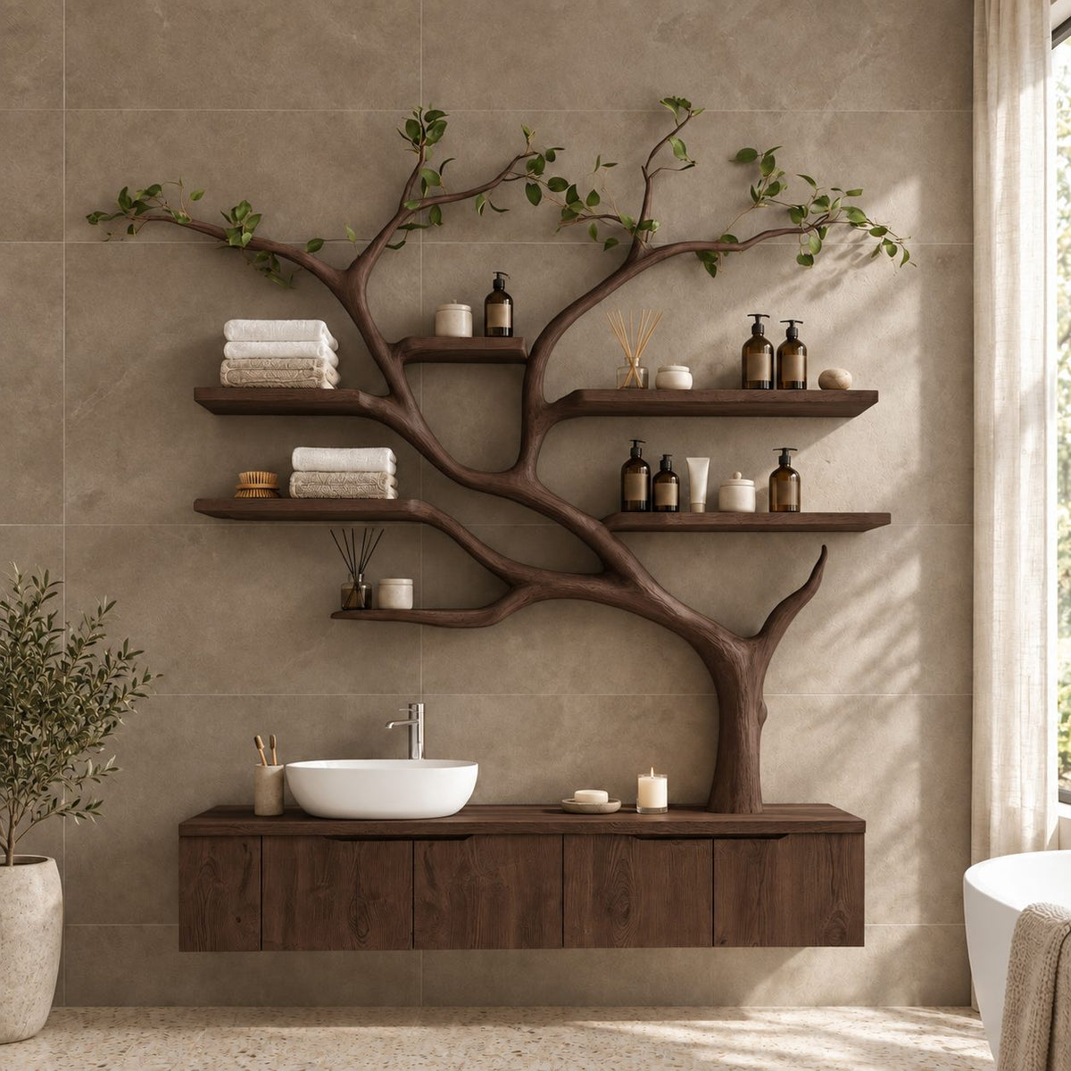 Wall Tree Bathroom Vanity 36-60 Inch, Long Floating Drawer Cabinet Under a Curving Trunk with Seven Shelves