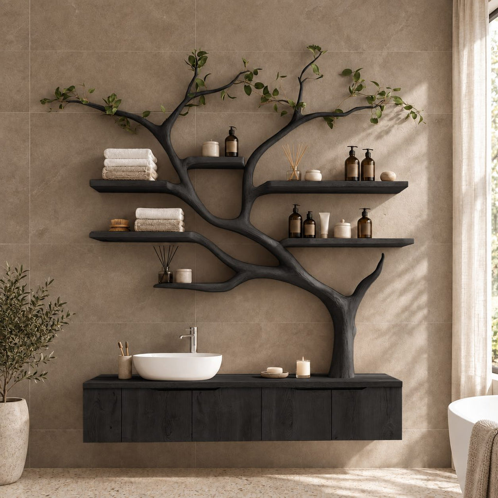 Wall Tree Bathroom Vanity 36-60 Inch, Long Floating Drawer Cabinet Under a Curving Trunk with Seven Shelves