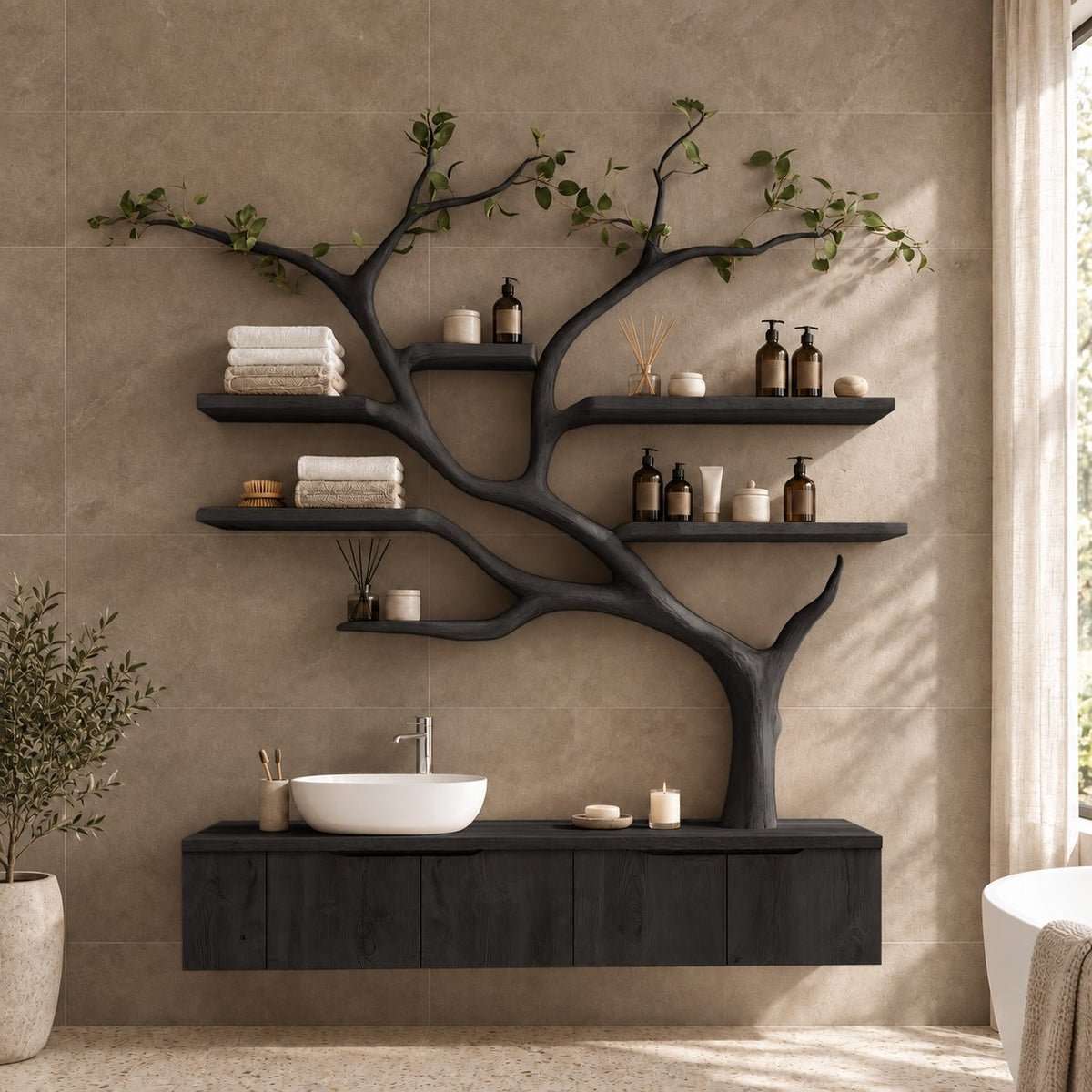 Wall Tree Bathroom Vanity 36-60 Inch, Long Floating Drawer Cabinet Under a Curving Trunk with Seven Shelves