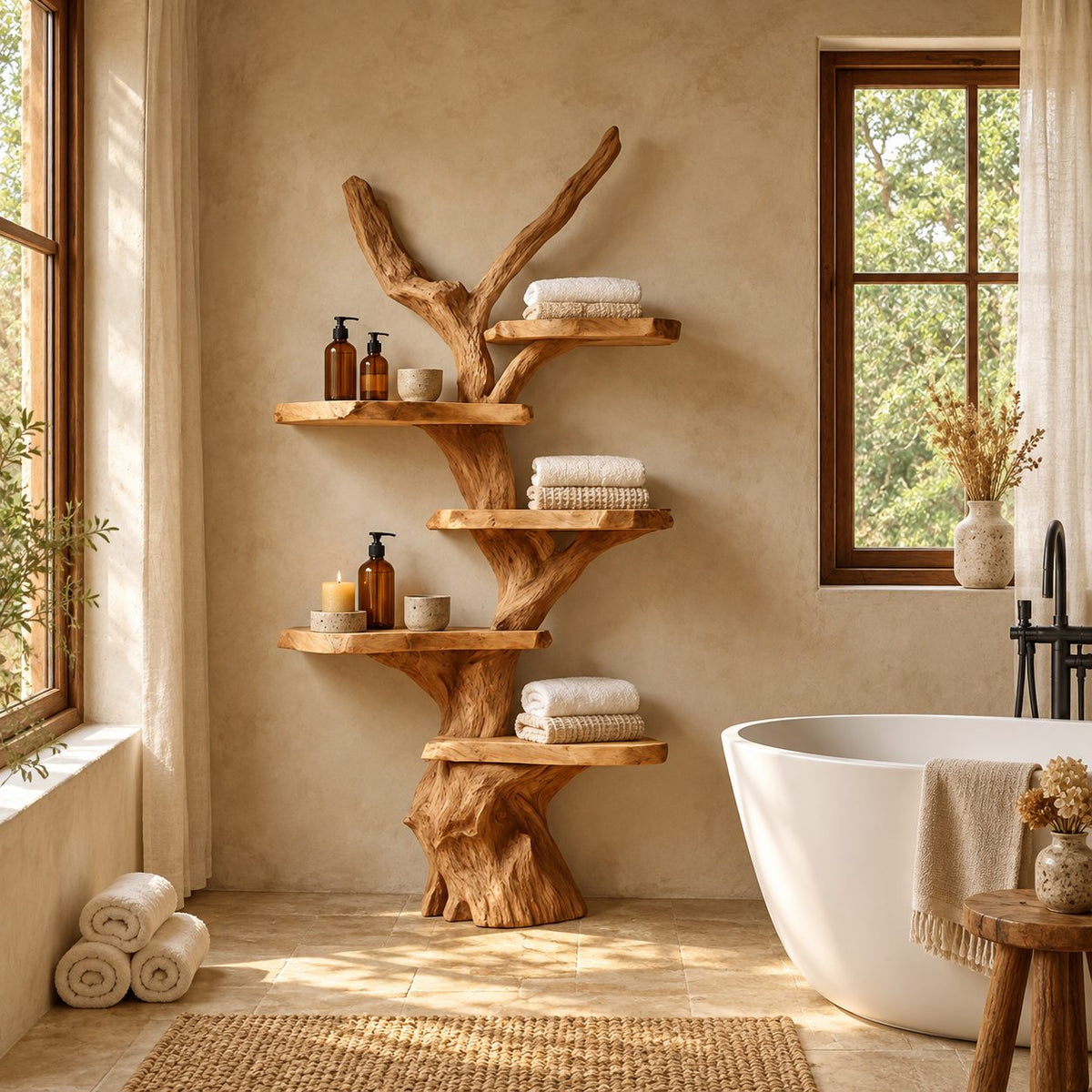 Driftwood Branch Bathroom Shelf, Freestanding Solid Wood Tree Tower with Five Live Edge Slab Tiers, 70 Inch