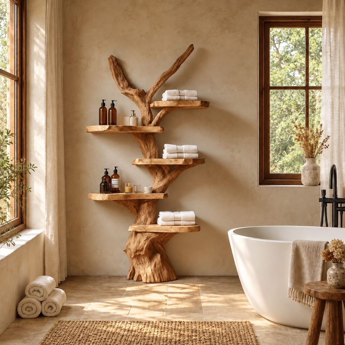 Driftwood Branch Bathroom Shelf, Freestanding Solid Wood Tree Tower with Five Live Edge Slab Tiers, 70 Inch