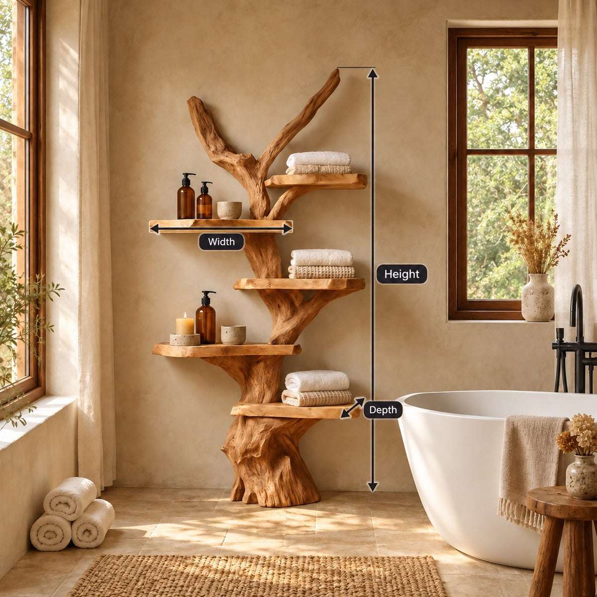 Driftwood Branch Bathroom Shelf, Freestanding Solid Wood Tree Tower with Five Live Edge Slab Tiers, 70 Inch