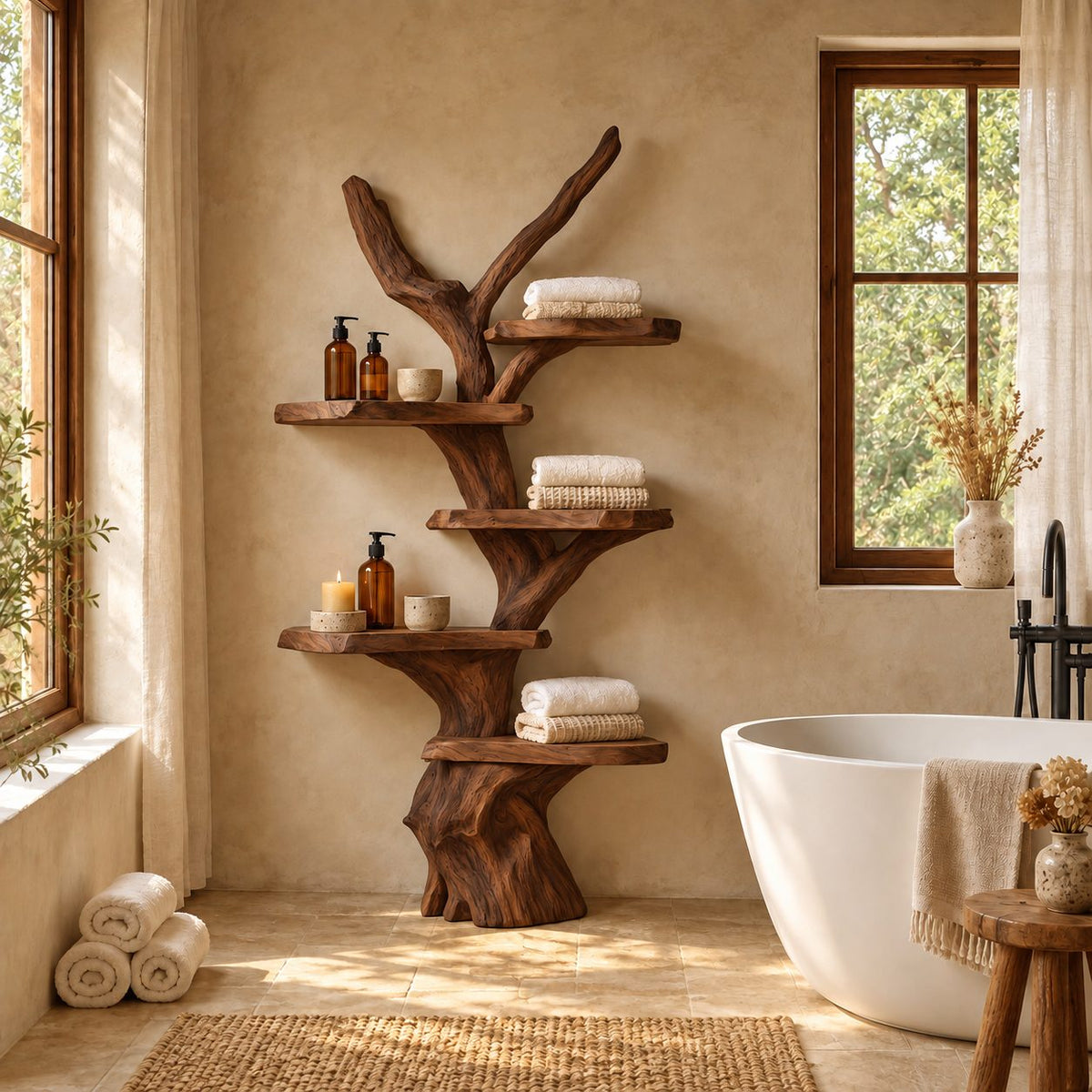 Driftwood Branch Bathroom Shelf, Freestanding Solid Wood Tree Tower with Five Live Edge Slab Tiers, 70 Inch