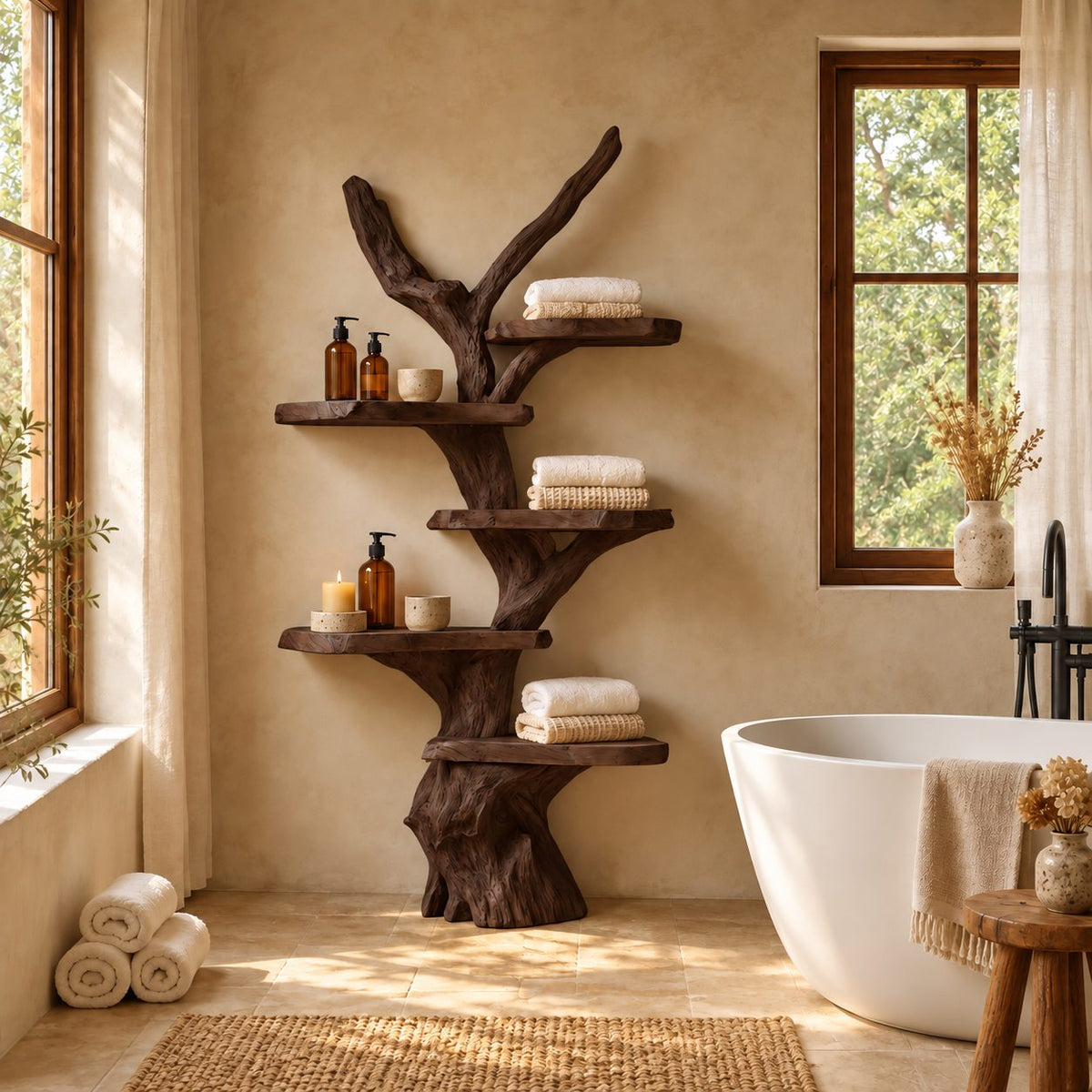 Driftwood Branch Bathroom Shelf, Freestanding Solid Wood Tree Tower with Five Live Edge Slab Tiers, 70 Inch