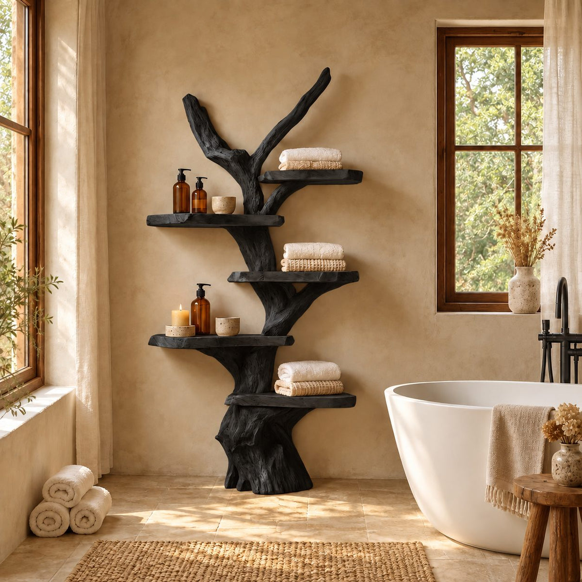 Driftwood Branch Bathroom Shelf, Freestanding Solid Wood Tree Tower with Five Live Edge Slab Tiers, 70 Inch