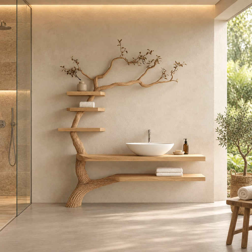 Leaning Trunk Tree Bathroom Vanity 70 Inch, Floating Plank Countertop and Lower Shelf with Three Stacked Shelves