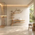 Leaning Trunk Tree Bathroom Vanity 70 Inch, Floating Plank Countertop and Lower Shelf with Three Stacked Shelves