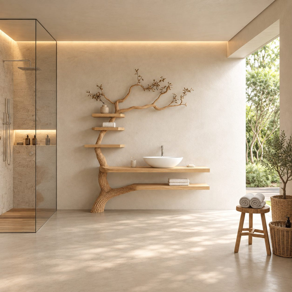 Leaning Trunk Tree Bathroom Vanity 70 Inch, Floating Plank Countertop and Lower Shelf with Three Stacked Shelves