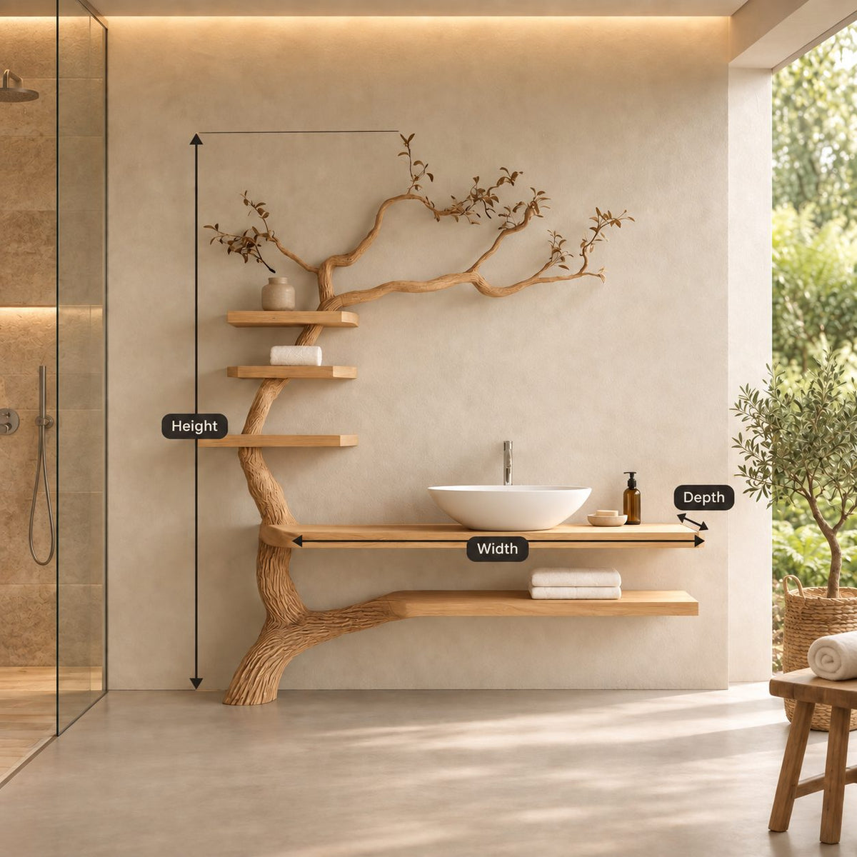 Leaning Trunk Tree Bathroom Vanity 70 Inch, Floating Plank Countertop and Lower Shelf with Three Stacked Shelves