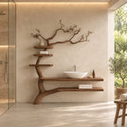 Leaning Trunk Tree Bathroom Vanity 70 Inch, Floating Plank Countertop and Lower Shelf with Three Stacked Shelves