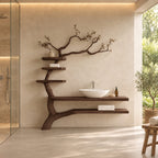 Leaning Trunk Tree Bathroom Vanity 70 Inch, Floating Plank Countertop and Lower Shelf with Three Stacked Shelves