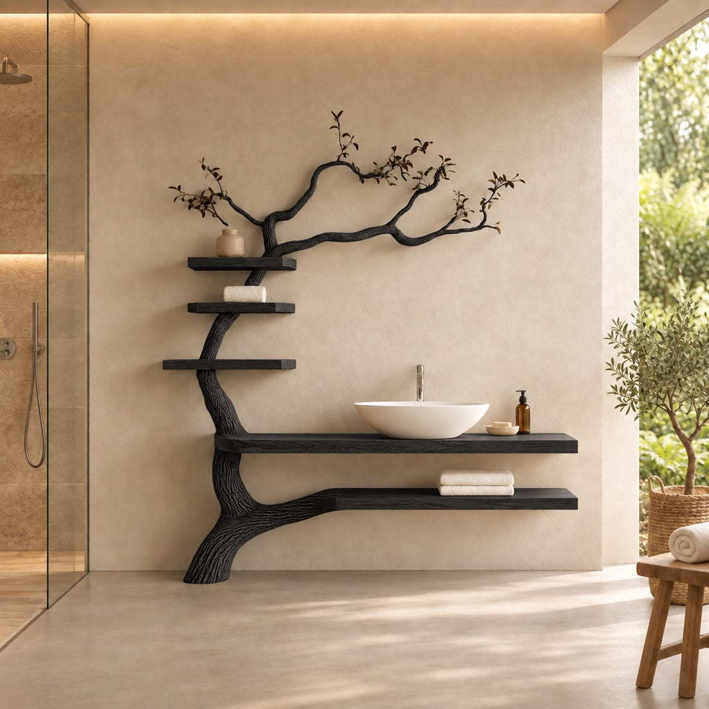 Leaning Trunk Tree Bathroom Vanity 70 Inch, Floating Plank Countertop and Lower Shelf with Three Stacked Shelves