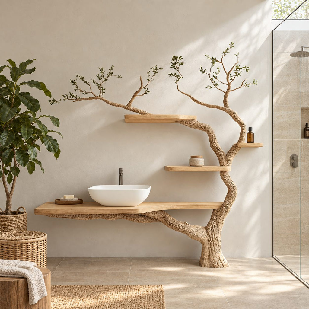 Sapling Tree Bathroom Vanity 70 Inch, Single Floating Countertop on a Curving Trunk with Three Small Shelves