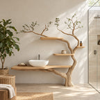 Sapling Tree Bathroom Vanity 70 Inch, Single Floating Countertop on a Curving Trunk with Three Small Shelves