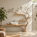 Sapling Tree Bathroom Vanity 70 Inch, Single Floating Countertop on a Curving Trunk with Three Small Shelves