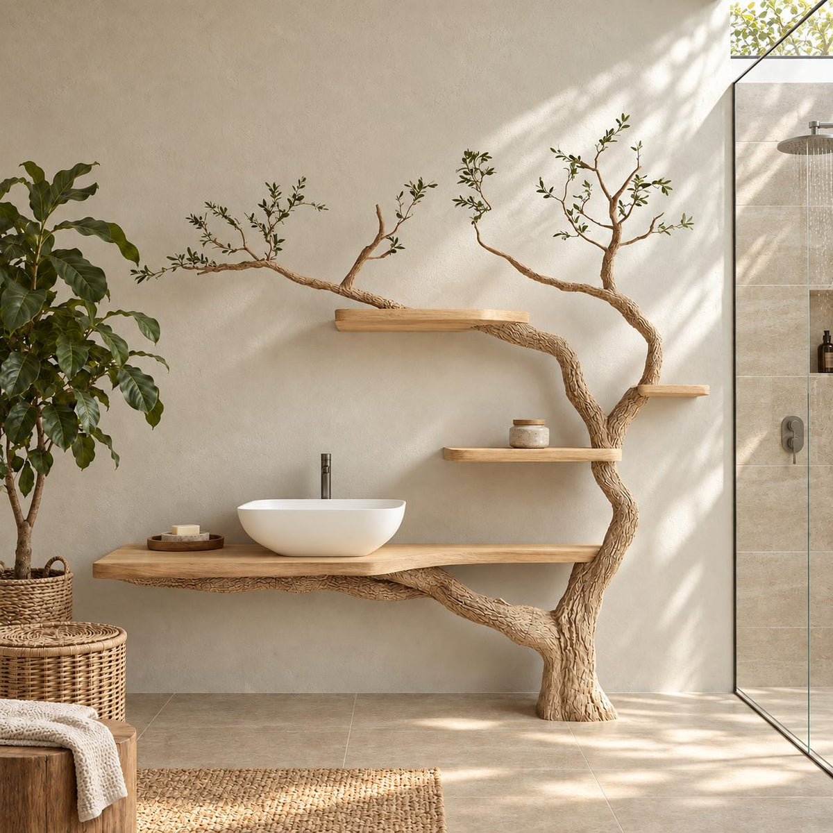 Sapling Tree Bathroom Vanity 70 Inch, Single Floating Countertop on a Curving Trunk with Three Small Shelves
