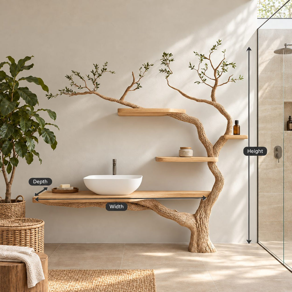 Sapling Tree Bathroom Vanity 70 Inch, Single Floating Countertop on a Curving Trunk with Three Small Shelves