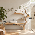 Sapling Tree Bathroom Vanity 70 Inch, Single Floating Countertop on a Curving Trunk with Three Small Shelves