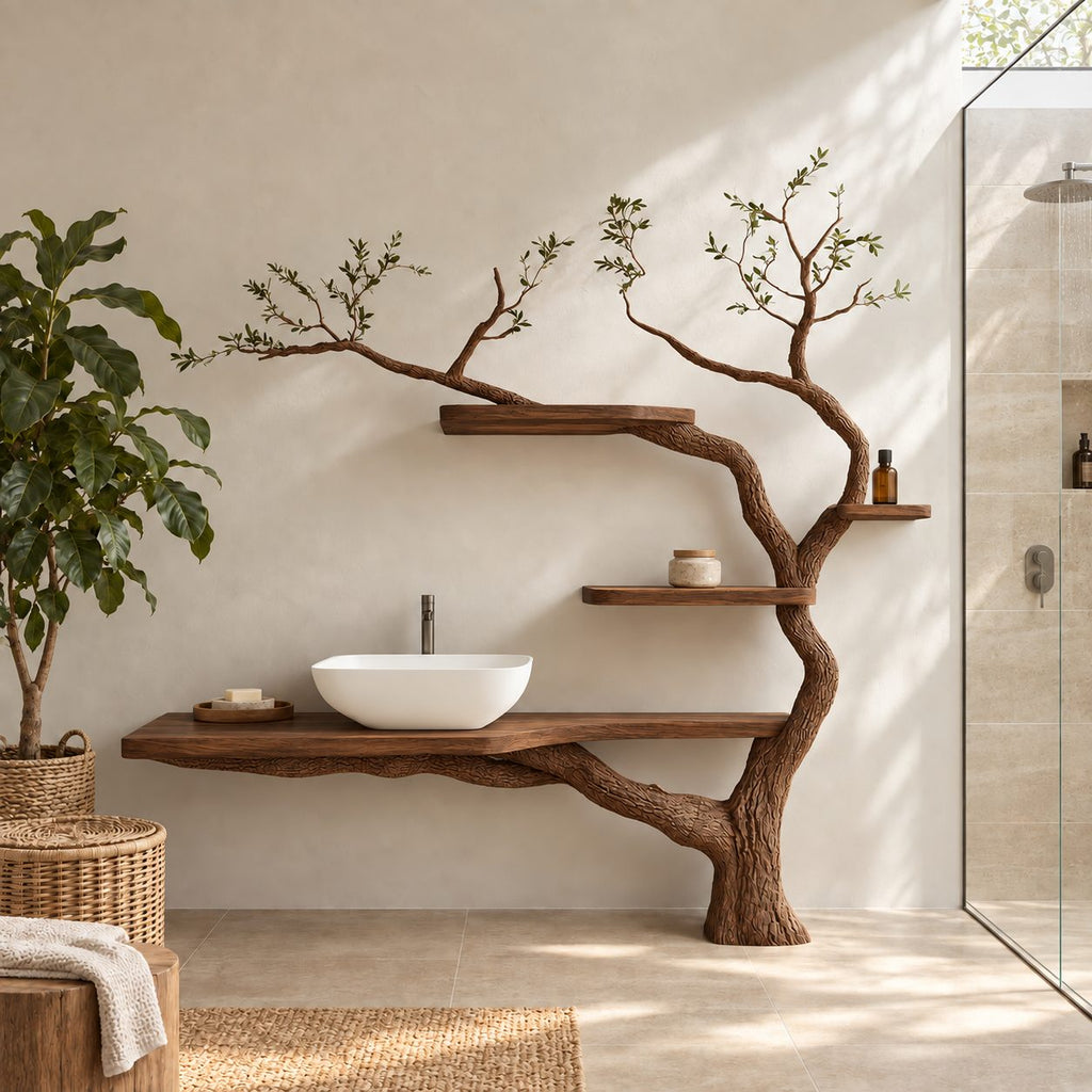 Sapling Tree Bathroom Vanity 70 Inch, Single Floating Countertop on a Curving Trunk with Three Small Shelves
