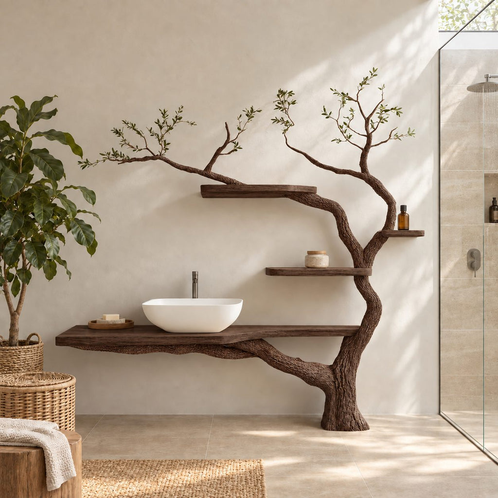 Sapling Tree Bathroom Vanity 70 Inch, Single Floating Countertop on a Curving Trunk with Three Small Shelves