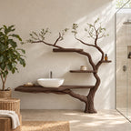 Sapling Tree Bathroom Vanity 70 Inch, Single Floating Countertop on a Curving Trunk with Three Small Shelves