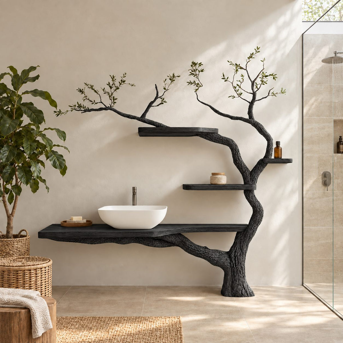 Sapling Tree Bathroom Vanity 70 Inch, Single Floating Countertop on a Curving Trunk with Three Small Shelves