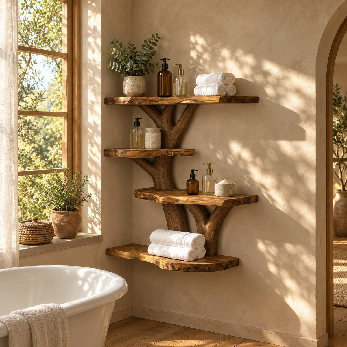 Tree Spine Bathroom Wall Shelf, Four Live Edge Slab Shelves on a Carved Branching Trunk, Solid Wood 40-50 Inch