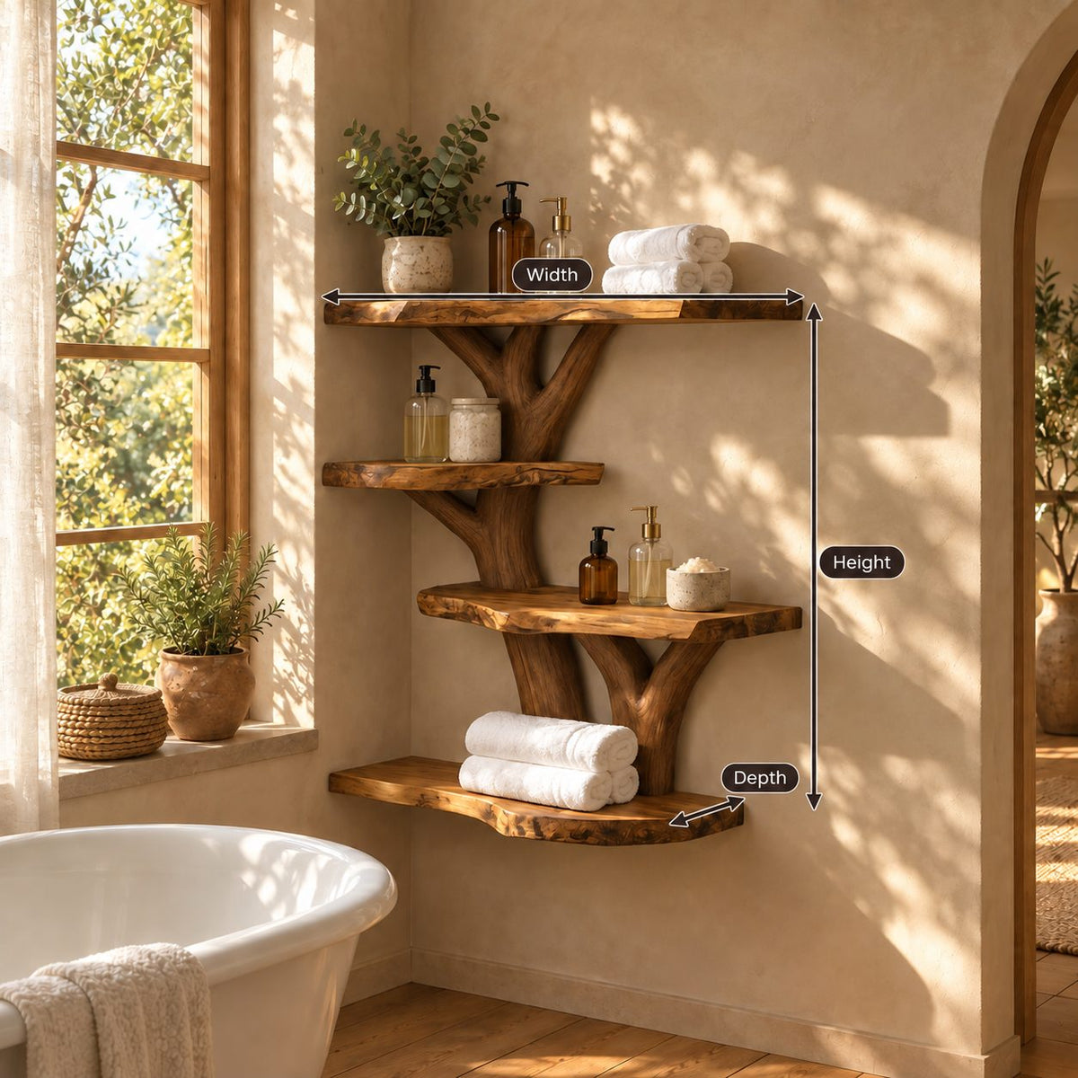Tree Spine Bathroom Wall Shelf, Four Live Edge Slab Shelves on a Carved Branching Trunk, Solid Wood 40-50 Inch