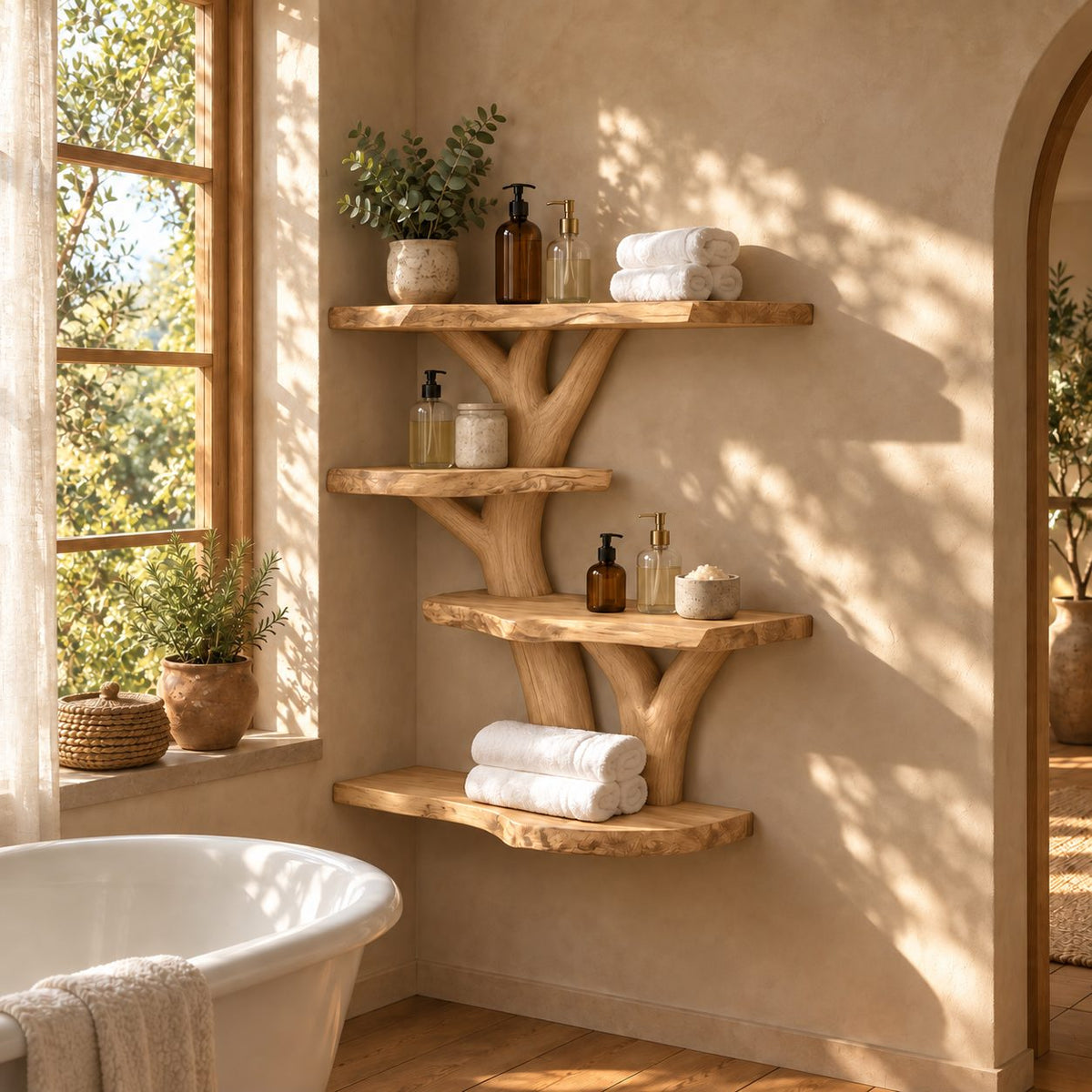 Tree Spine Bathroom Wall Shelf, Four Live Edge Slab Shelves on a Carved Branching Trunk, Solid Wood 40-50 Inch