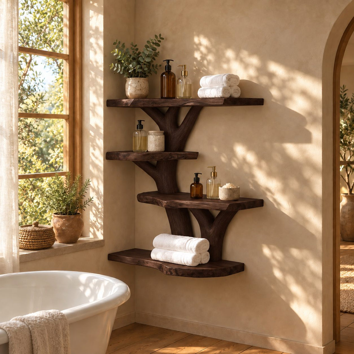 Tree Spine Bathroom Wall Shelf, Four Live Edge Slab Shelves on a Carved Branching Trunk, Solid Wood 40-50 Inch
