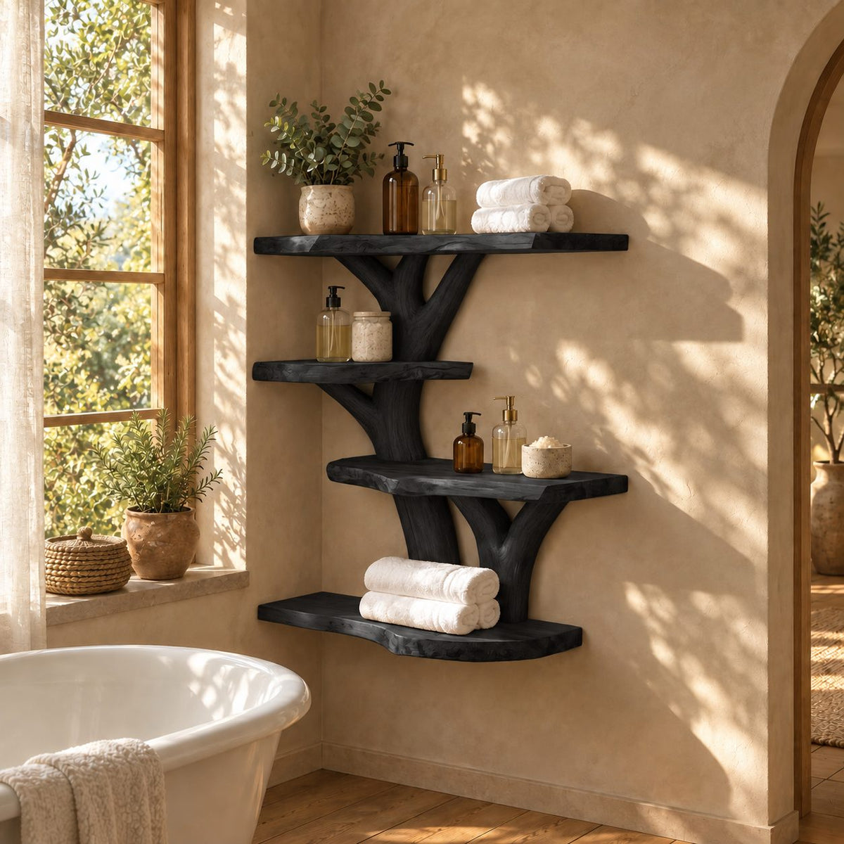Tree Spine Bathroom Wall Shelf, Four Live Edge Slab Shelves on a Carved Branching Trunk, Solid Wood 40-50 Inch