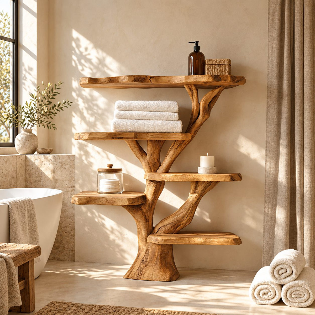 Staggered Tree Bathroom Display Shelf, Freestanding Solid Wood Trunk with Six Rounded Live Edge Tiers, 65 Inch