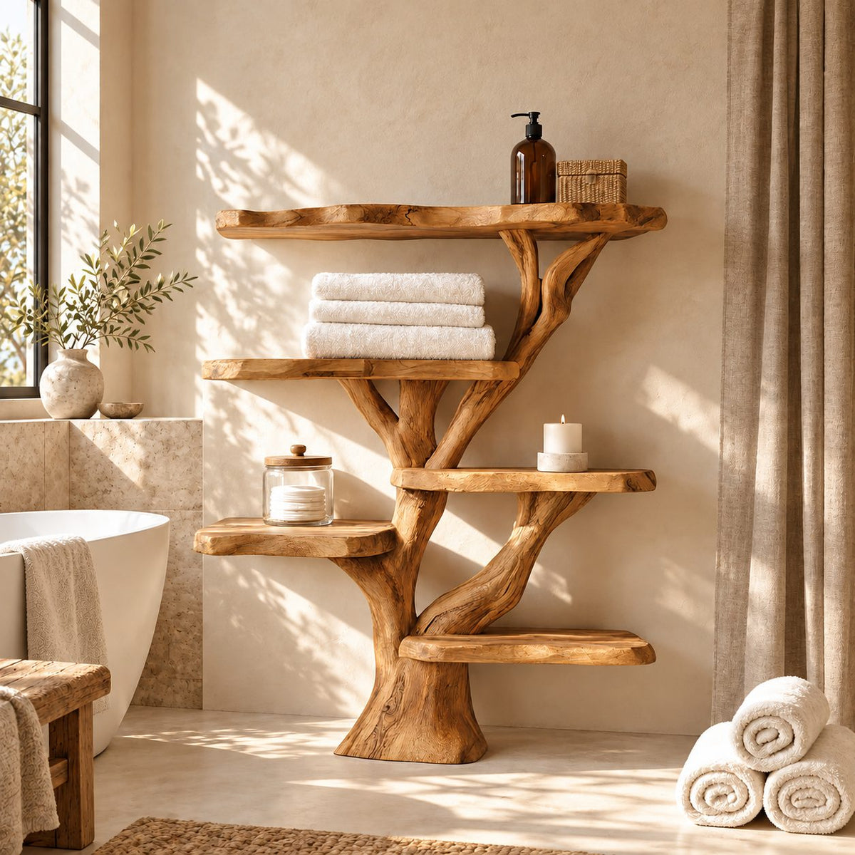 Staggered Tree Bathroom Display Shelf, Freestanding Solid Wood Trunk with Six Rounded Live Edge Tiers, 65 Inch