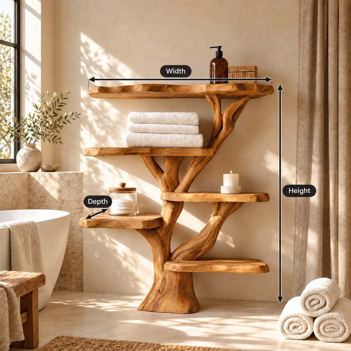 Staggered Tree Bathroom Display Shelf, Freestanding Solid Wood Trunk with Six Rounded Live Edge Tiers, 65 Inch