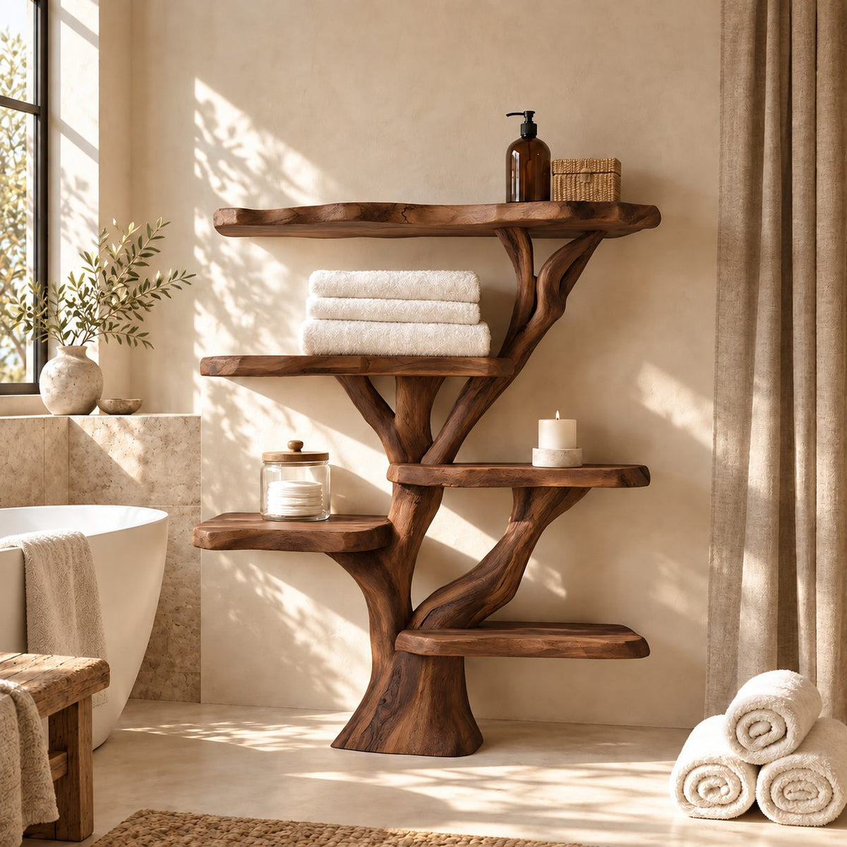 Staggered Tree Bathroom Display Shelf, Freestanding Solid Wood Trunk with Six Rounded Live Edge Tiers, 65 Inch